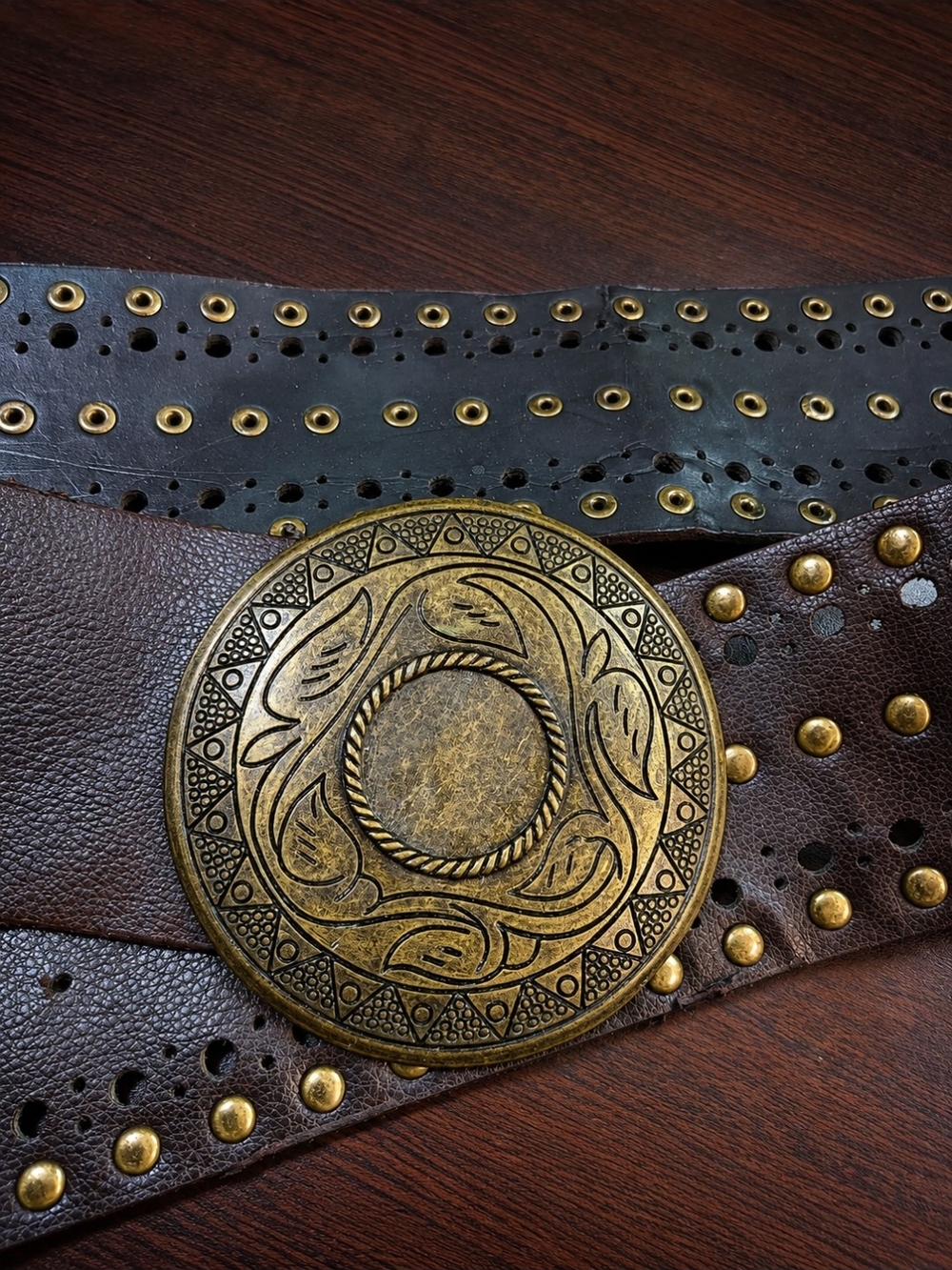 Vintage Y2K Wide Studded Leather Belt Brass Medallion Buckle Boho Festival XL 47